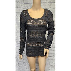 EXPRESS S BLACK FLORAL LACE SEMI SHEER LONG SLEEVE BLOUSE TOP